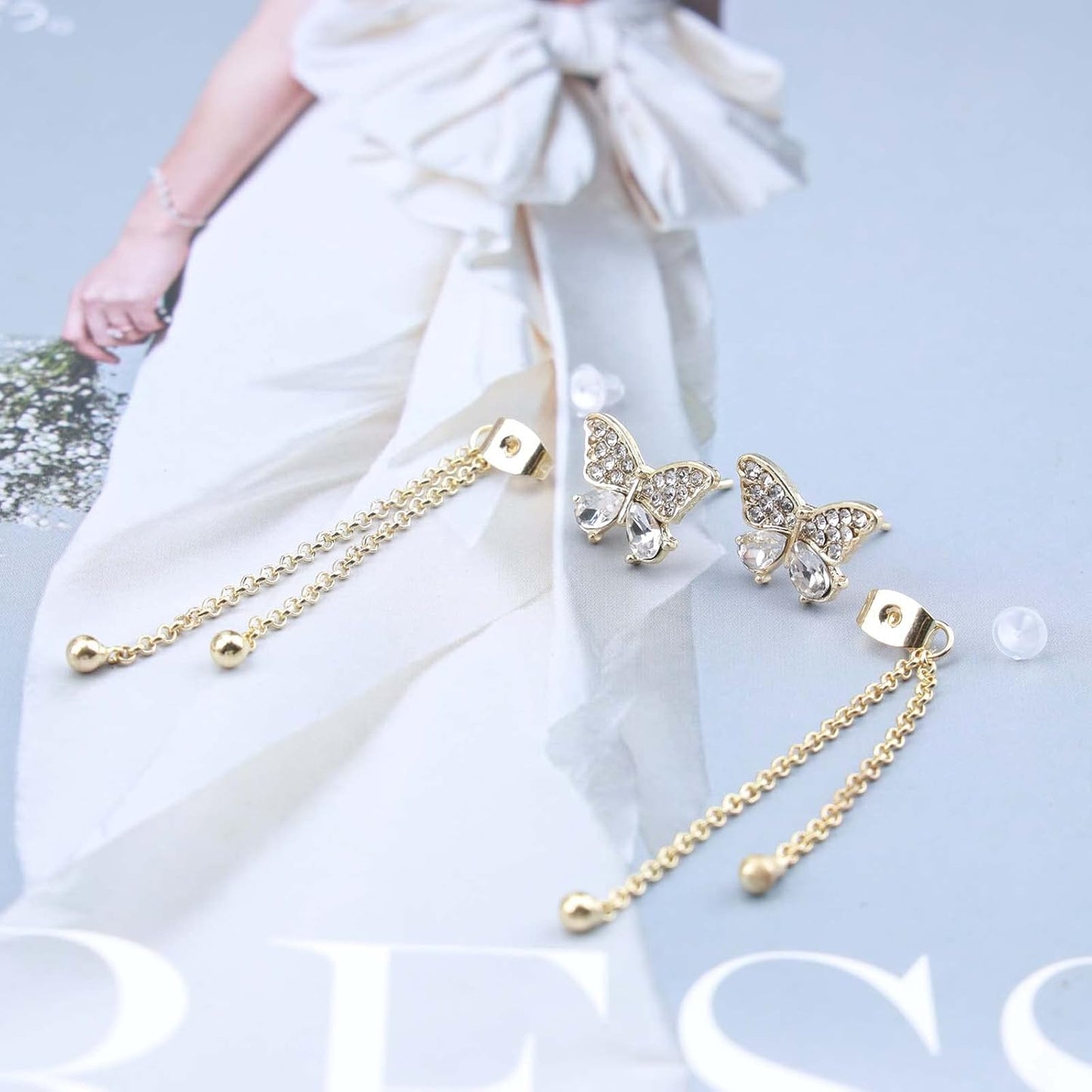 Vintage Crystal Butterfly Stud Earrings Gold Long Chain Earrings Thin Drop Chain Earrings Cz Paved Butterfly Earrings Retro Hanging Chain Earrings Jewelry for Women and Girls