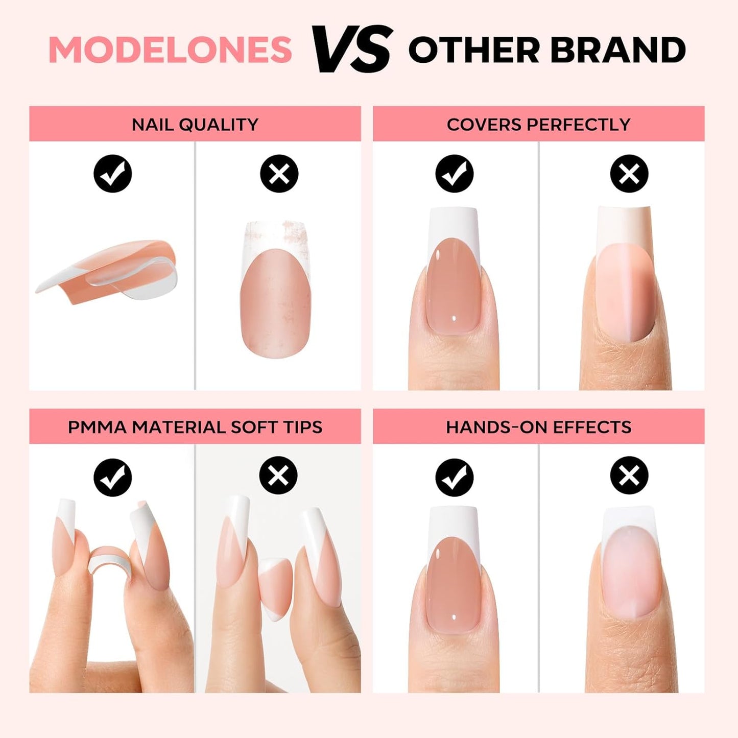 modelones French Tip Press on Nails, 150Pcs Long Square Fake Nails with Nail Box, Deep Nude Gel Nail Tips for Women, Soft Glue-On Nails for Natural Salon Look, DIY Nail Art Kit (15 Sizes)