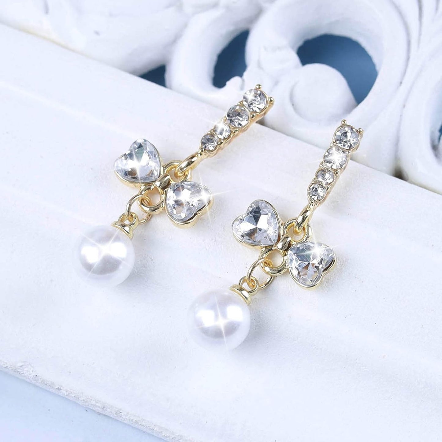 Vintage Crystal Pearl Dangle Earrings Rhinestone Bow Drop Earrings Cz Pearl Earrings Gold Pearl Bow Stud Earrings Jewelry for Women