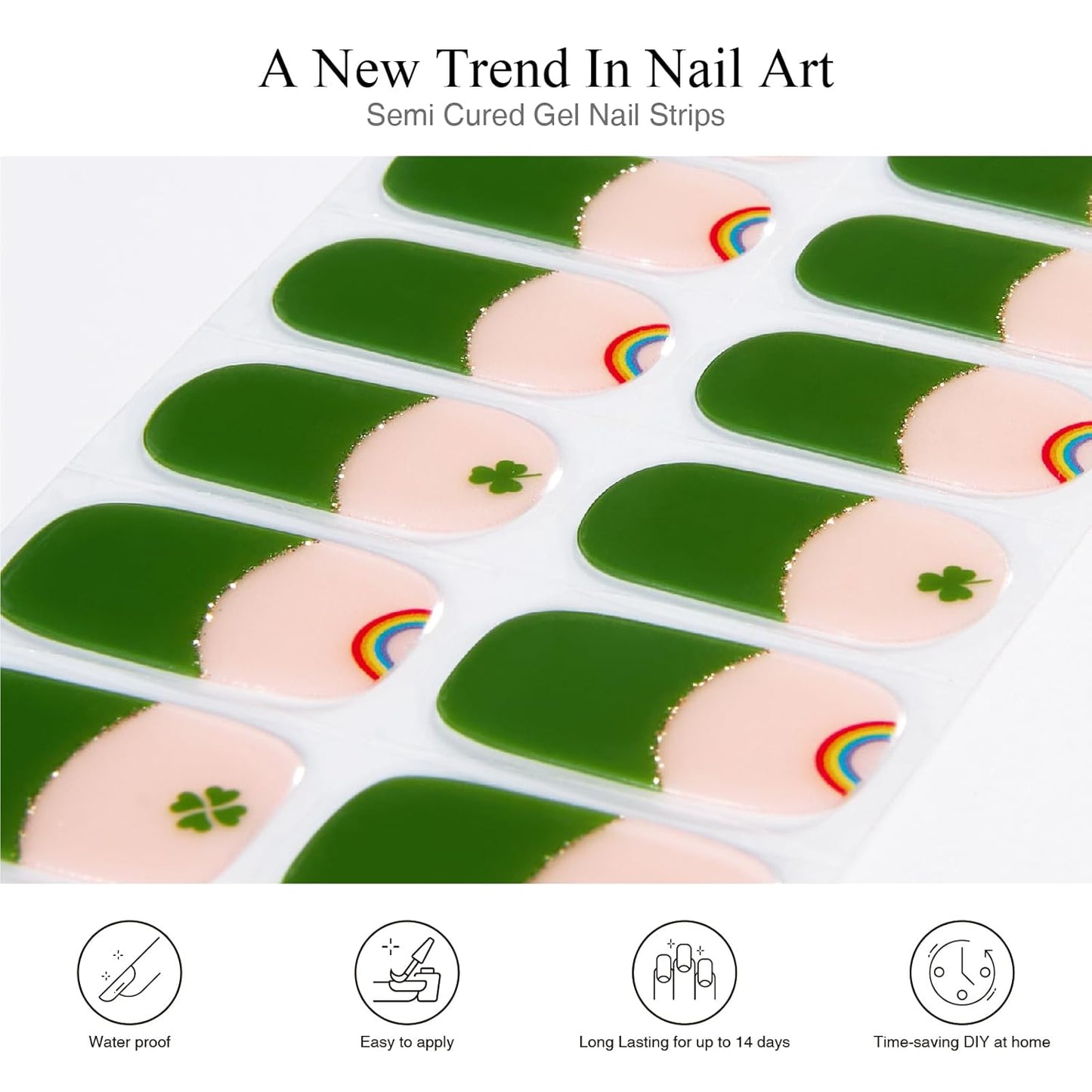 Semi Cured Gel Nail Strips, 20 PCS Gel Nail Stickers Work with UV Light, Salon Quality & Easy to Use - Lucky Clover