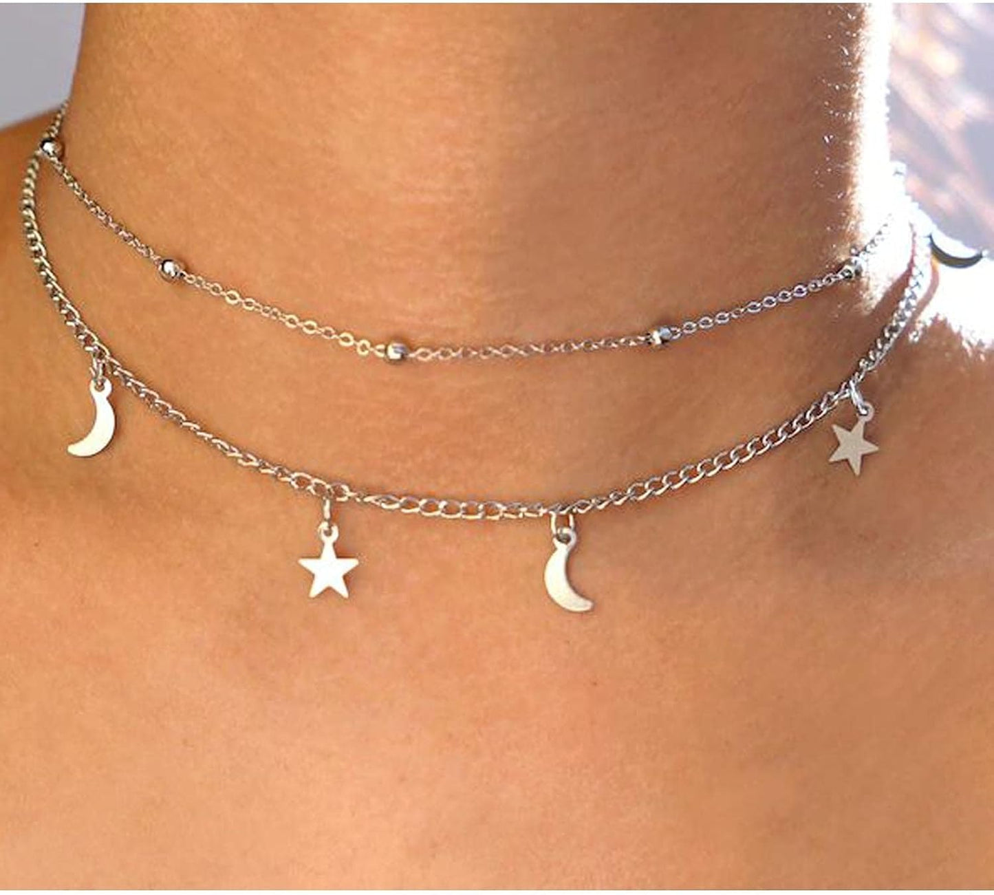 Boho Star Moon Necklace Choker Gold Layered Star Choker Necklace Crescent Moon Necklace Celestial Necklace Chain Festival Jewelry for Women and Girls