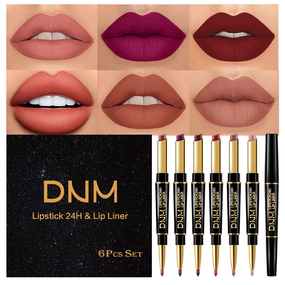 evpct 6Pcs Lip Liner and Lipstick Combo Set, 2-in-1 Waterproof Lipstick and 24H Lip liner Set for Women, Antique Rose Chestnut Nude Dark Brown Matte Lipsticks Pen with Lip Liner Set Long Lasting 24