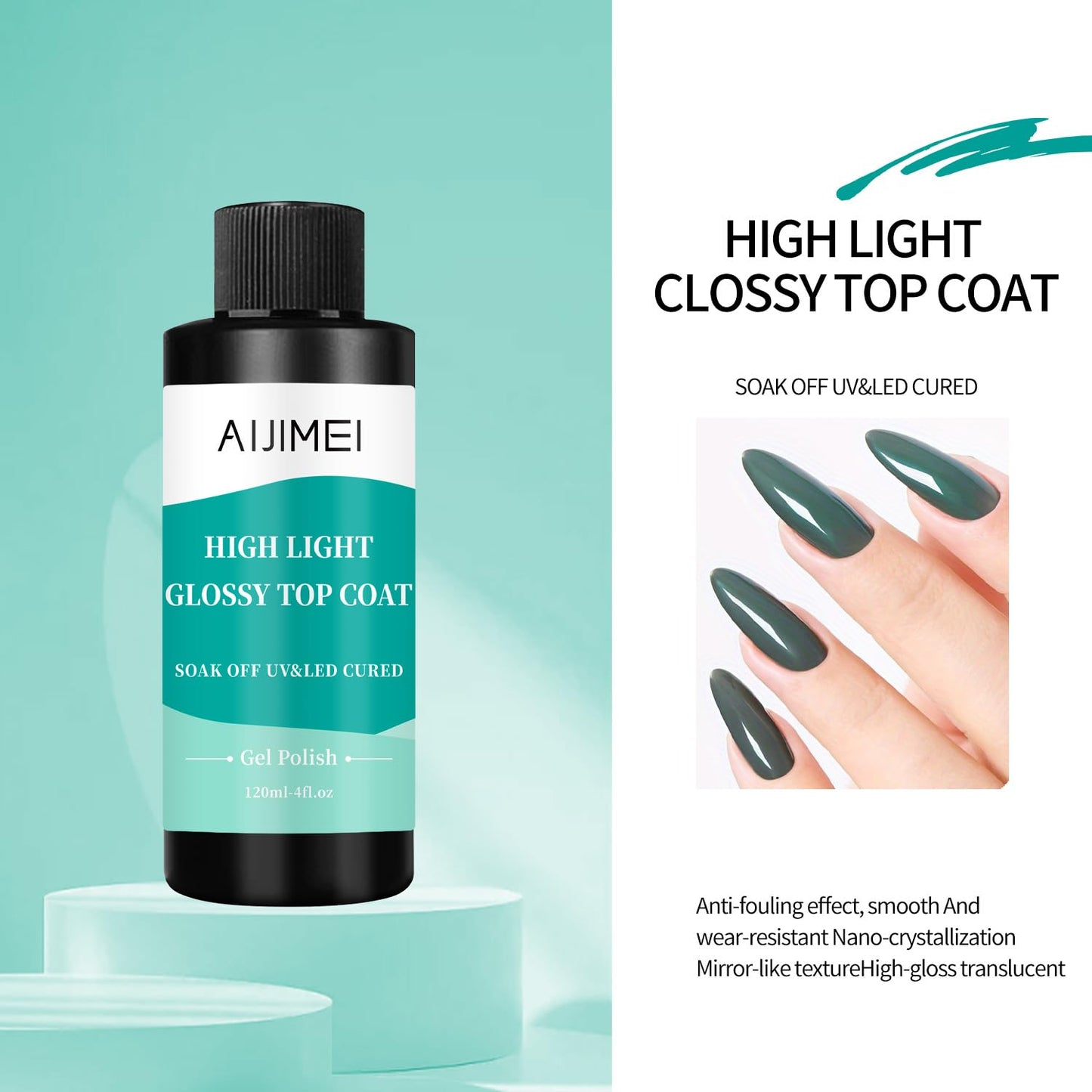 AIJIMEI 120ml High Shine Glossy Top Coat for Nails Long Lasting, Smooth TopCoat, High Light Glossy Top Coat for DIY Nail Art Use Enhance Your Manicure with Brilliant Reflection 4 Fl Oz