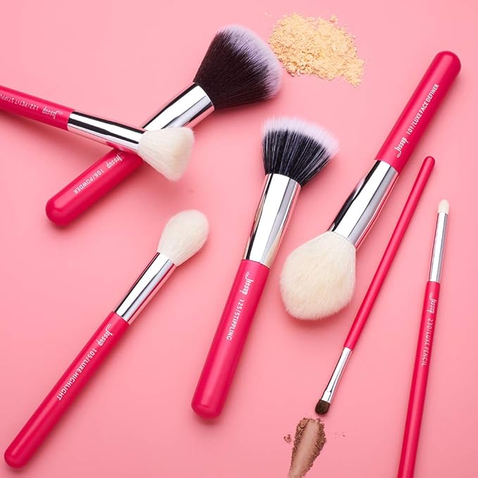 Jessup Brand 25pcs Professional Makeup Brush Set Beauty Cosmetic Foundation Powder Blusher Eye Shadow Blending Concealer Highlight Natural-Synthetic Hair Brushes Set (Rose Carmine/Silver)