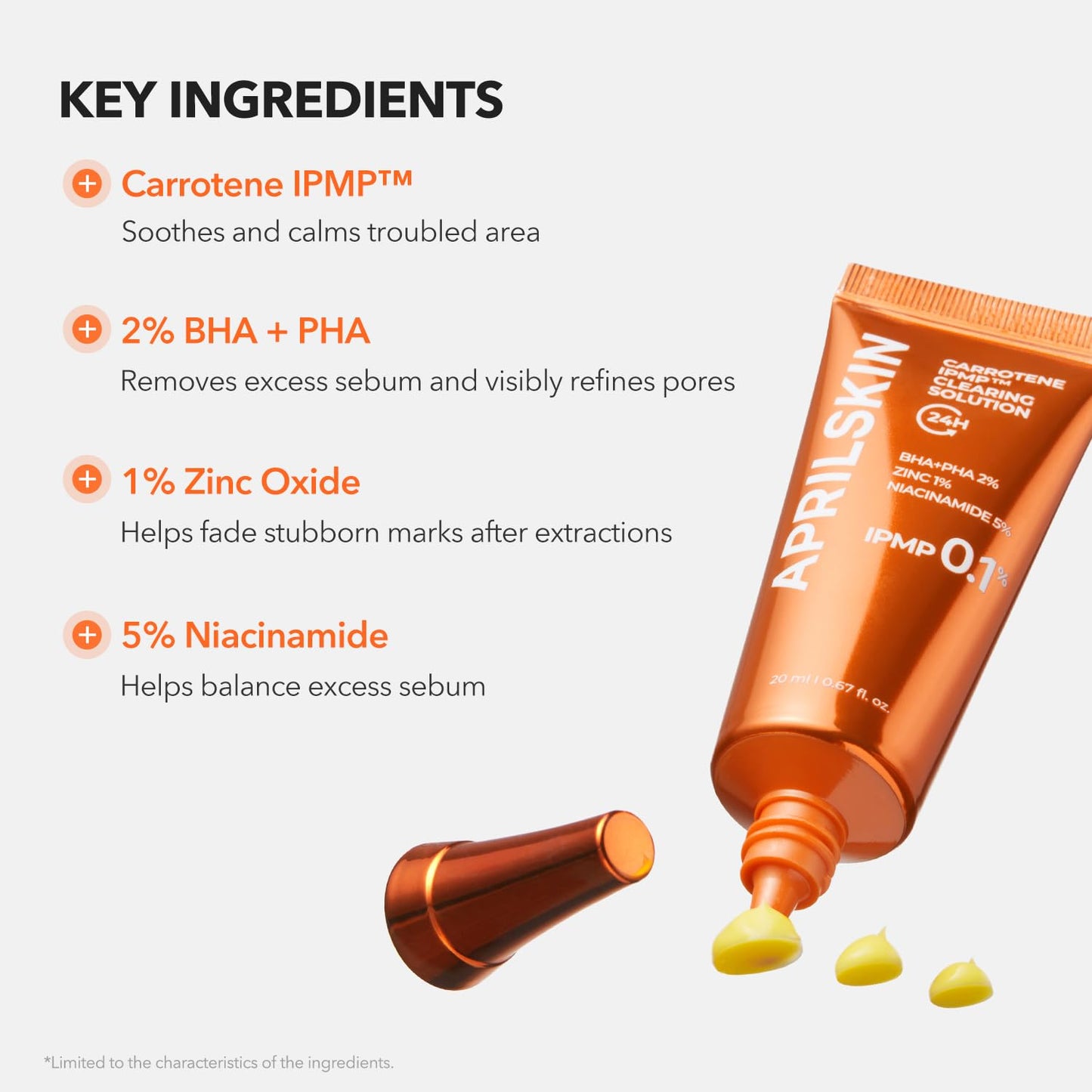 APRILSKIN Carrotene IPMP™ Clearing Solution || Quickly soothes troubled areas and helps clear blemishes | Formulated with BHA, AHA, Niacinamide & Zinc Oxide | Vegan, Cruelty-Free (0.67fl.oz.)
