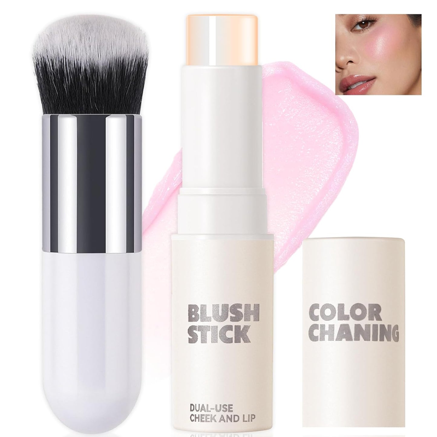 Color Changing Blush Stick,Jelly Tint Stain Clear PH Transparent Cream Pink Magic Blusher for Cheeks, Lips and Eye Makeup, Natural Lightweight Blendable Face Rouge Balm Cooling Water with Brush