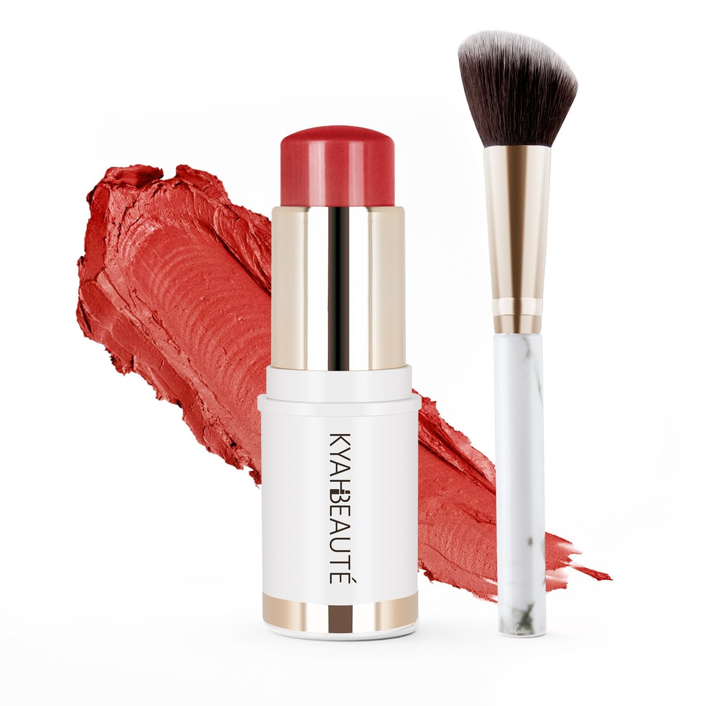 Blush Stick, Cream Blush for Cheeks and Lip Tint, Dewy Finish, Buildable & Blendable Color, Lightweight & Long-Lasting Formula | Salad Day-Coral & Angled Blush Brush（0.53fl.oz）