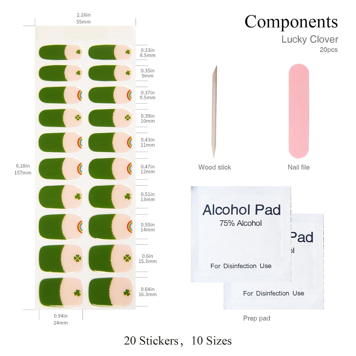 Semi Cured Gel Nail Strips, 20 PCS Gel Nail Stickers Work with UV Light, Salon Quality & Easy to Use - Lucky Clover