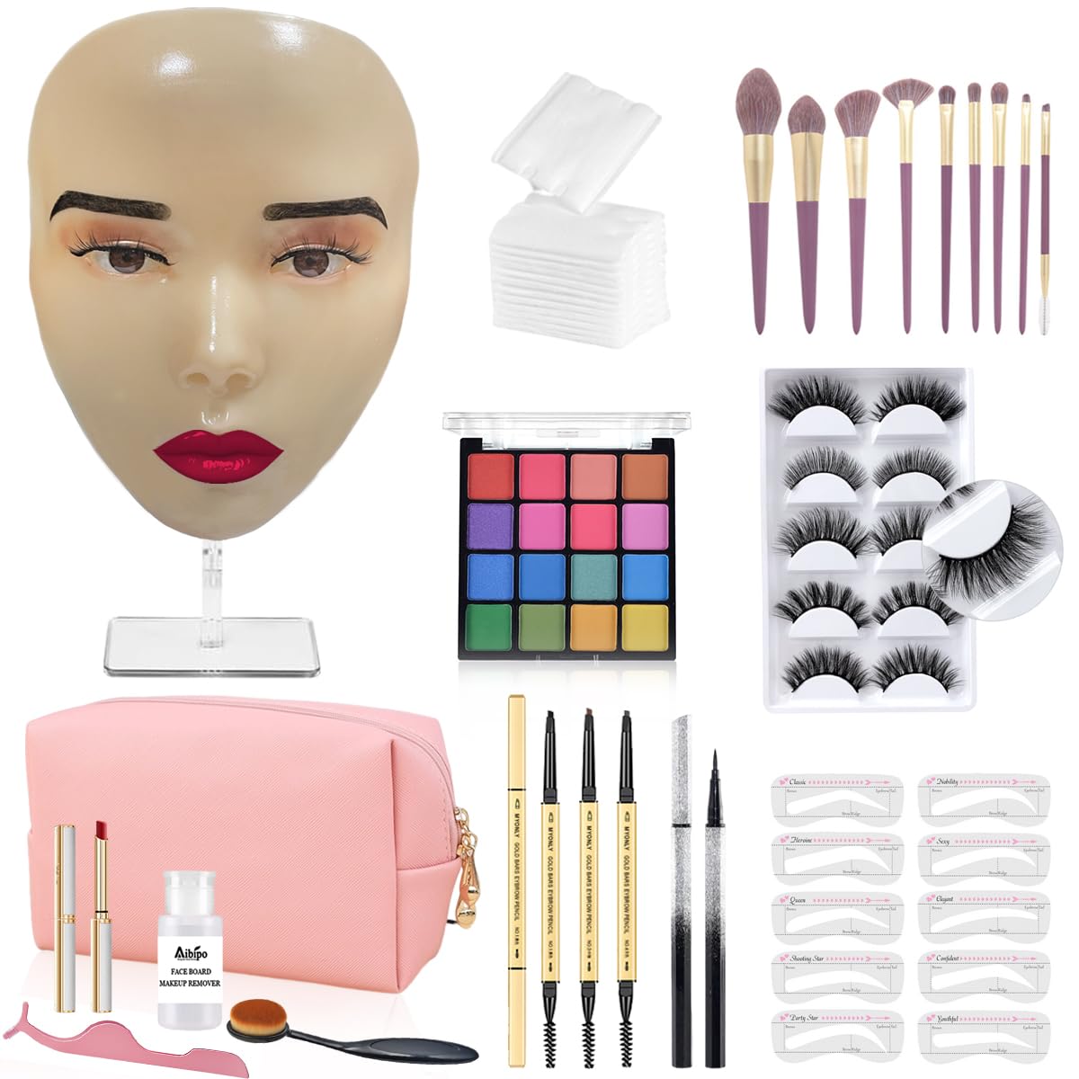 Makeup Practice Face Board, 5D Makeup Mannequin Face with Makeup Practice Kit for Makeup Artist, Beginners Face Makeup Practice, Eyelash Eyeliner Eyebrow Mapping, Come with Makeup Tools & Makeup Bag