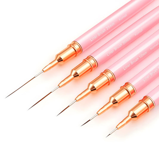 Metallic Nail Art Brushes, 5Pcs Liner Brush Set, UV Gel Polish Painting Art Design Pen for Long Lines, Thin Details, Fine Drawing Sizes 4/8/12/20/25mm(Pink)