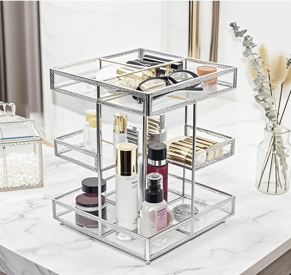 Hersoo 360 Degree Rotation Cosmetic Organizer -Premium Makeup Storage with Spin Base,Antique Countertop Cosmetic Storage,Large Capacity,Beauty Display for Countertop,Vanity or Bathroom (silver)
