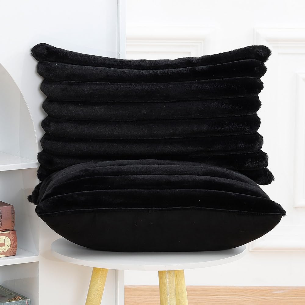 MADIZZ Set of 2 Faux Wool Plush Decorative Throw Pillow Covers 12x20 Inch Black Fluffy Striped Soft Decorative Cushion Cover for Sofa Bedroom Pillow Shell