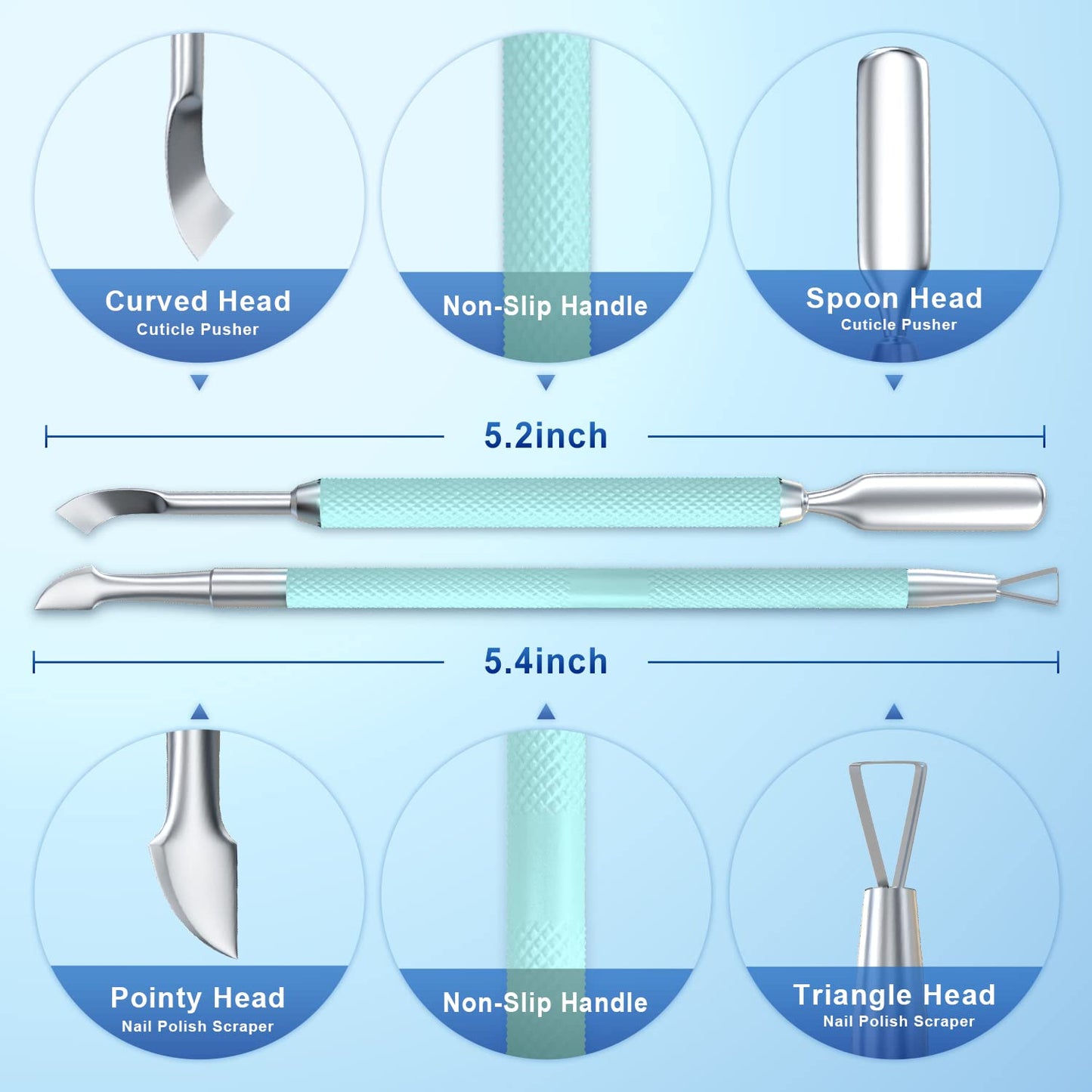 2PCS Metal Teal Cyan Cuticle Pusher and Cutter Remover Salon Stainless Steel Gel Nail Polish Peeler Scraper Durable Professional Manicure Pedicure Cleaner Tool For Fingernail and Toenail