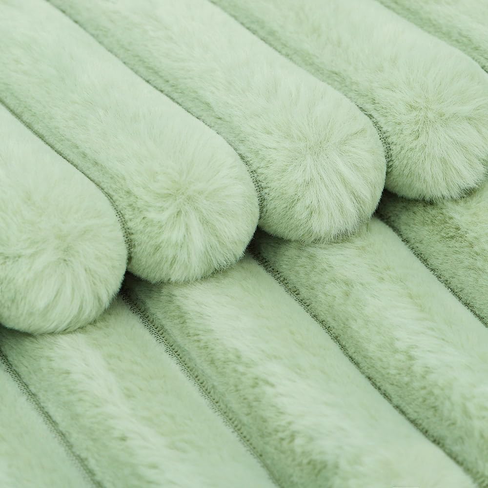 MADIZZ Set of 2 Faux Wool Plush Decorative Throw Pillow Covers 12x20 Inch Light Green Fluffy Striped Soft Decorative Cushion Cover for Sofa Bedroom Pillow Shell