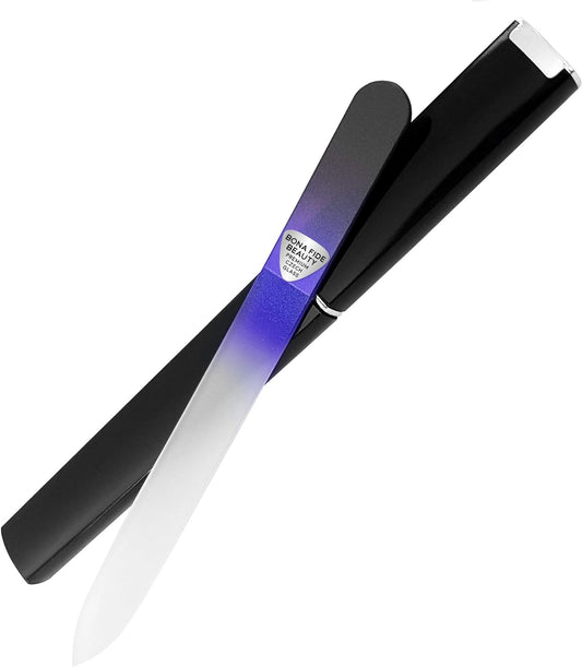 Bona Fide Beauty Glass Nail File with Hardcase, 1Piece Manicure Glass Fingernail Files in Black Cobalt. Made in The EU. Strong Reusable Nail Files