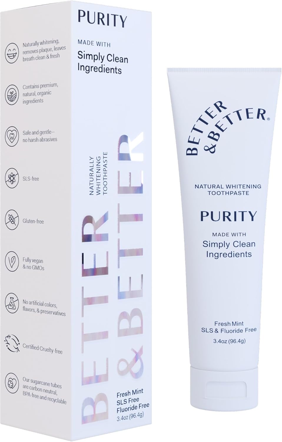 Better & Better Purity Toothpaste | Natural Whitening Toothpaste Without Additives | Organic, Vegan, Fluoride & SLS Free | Coconut-Based Formula w/Fresh Mint Flavor | 3.4oz, 1 Pack