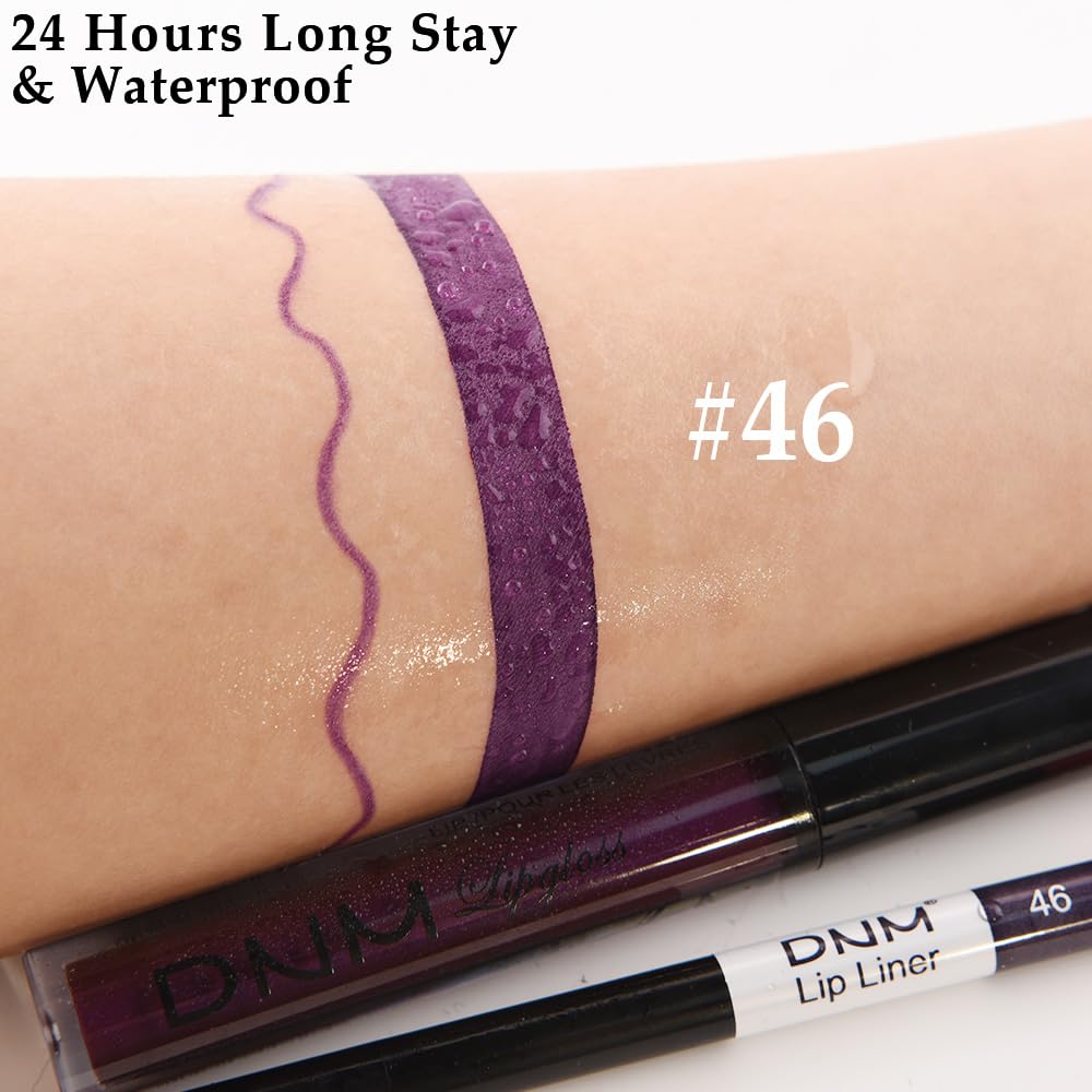 evpct 2Pcs Dark Deep Purple Matte Liquid Lipstick Lip Gloss Stain and Retractable Lip Liner Makeup Set for Women Long Lasting Waterproof 24 Hours Lipstick labial mate larga duracion 24 46#