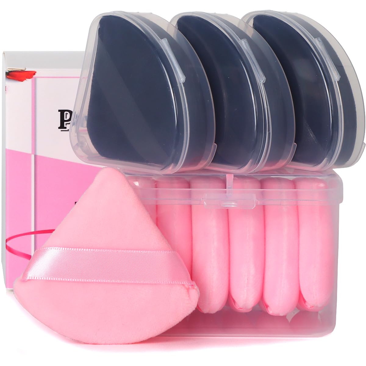 Ocim 10Pcs Powder Puffs for Face Powder,Soft Velour Triangle Beauty Puff,Makeup Pressed,Baking & Setting Powder Sponge Applicator Pads with Case,Black&Pink