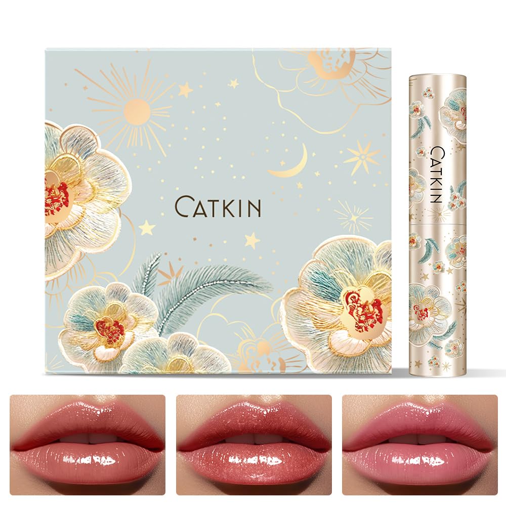 CATKIN Glossy Lip Balm 3pcs Gift Set, Ultra Hydating Glow Lip Tinted Jelly Plump Melting Balm Shea Butter Repair Soothing For Dry Lips Dewy Finished 0.12 oz 01