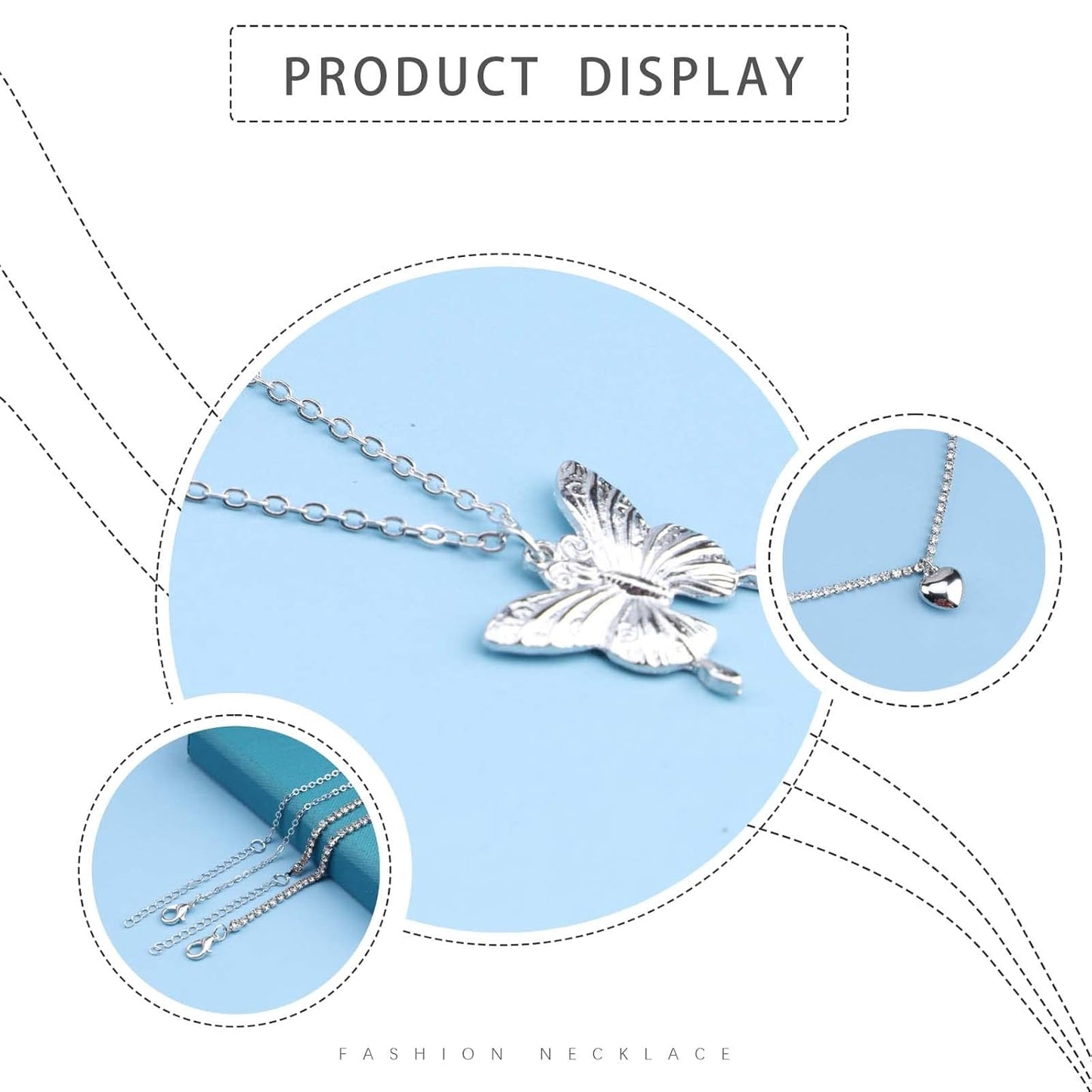 Punk Layered Butterfly Choker Necklace Rhinestone Tennis Chain Necklace Silver Puffy Heart Pendant Necklace Choker Boho Crystal Clavicle Necklace Jewelry for Women and Girls 2 Pcs