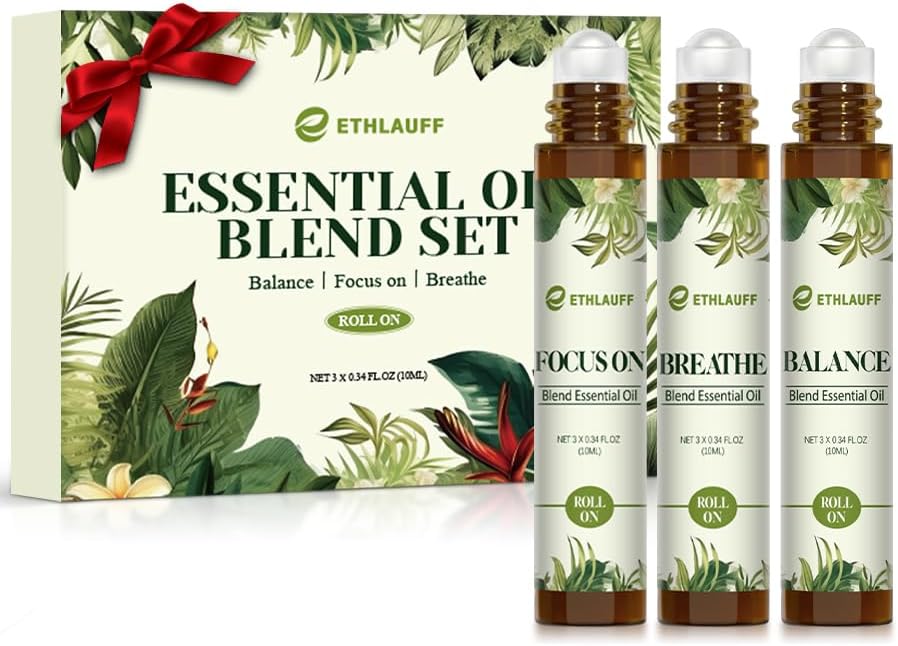 Essential Oils Roll On Set 3 Pack (Breathe, Focus on, Balance) - Essential Oil Blend Stress Relief Gift Aromatherapy Self Care Gift for Women, 3 * 10ml
