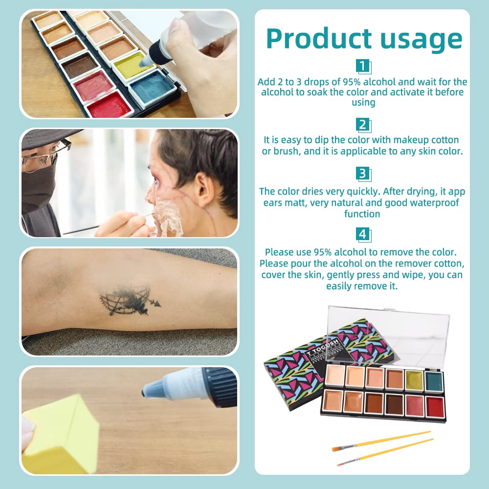 Alcohol Activated Makeup Palette for FX Makeup with Makeup Egg Mimic Wound Sponge Cleaning accessories 12 Colors