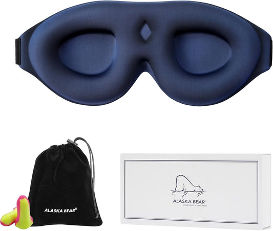 ALASKA BEAR 100% Blackout Sleep Mask Most Comfortable Contoured Eye Cups and Nose Covering for Women Men, 3D Pillowy Soft Light Blocking Eye Mask 0 Pressure on Eyelids & Eyelashes, Earplugs Set, Blue