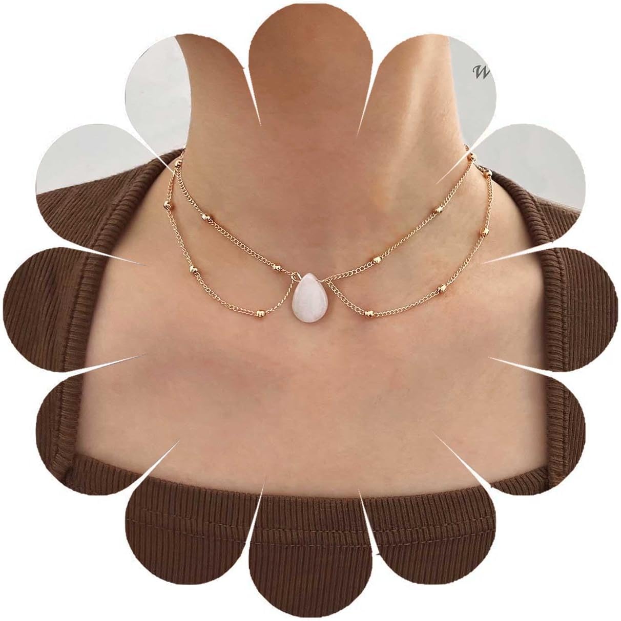 Layered Teardrop Pendant Necklace Teardrop Natural Stone Necklace Teardrop Gemstone Necklace Chain White Teardrop Necklace Choker Gold Satellite Chain Necklace Jewelry for Women and Girls