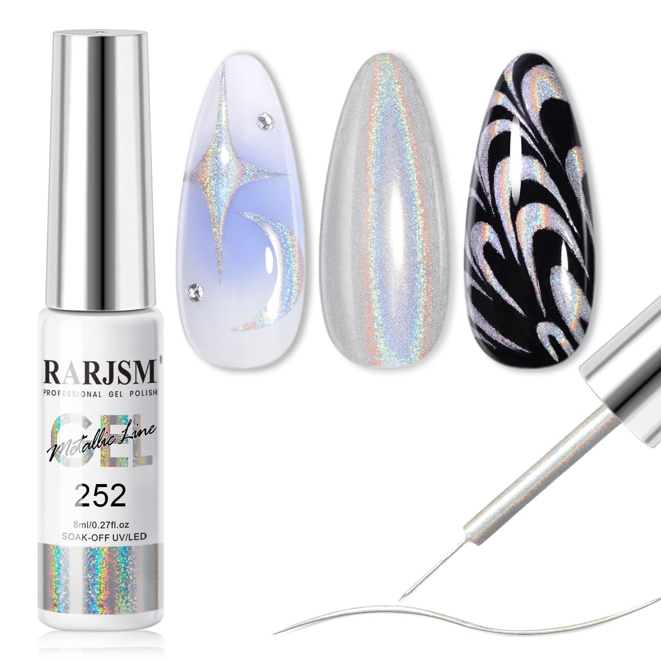 RARJSM Metallic Silver Nail Art Gel Liner Mirror Chrome 3D Holographic Laser Rainbow Effect Gel Nail Polish 8ml Build in Thin Brush Painted Drawing Striper Painting Curing Requires for Home Salon