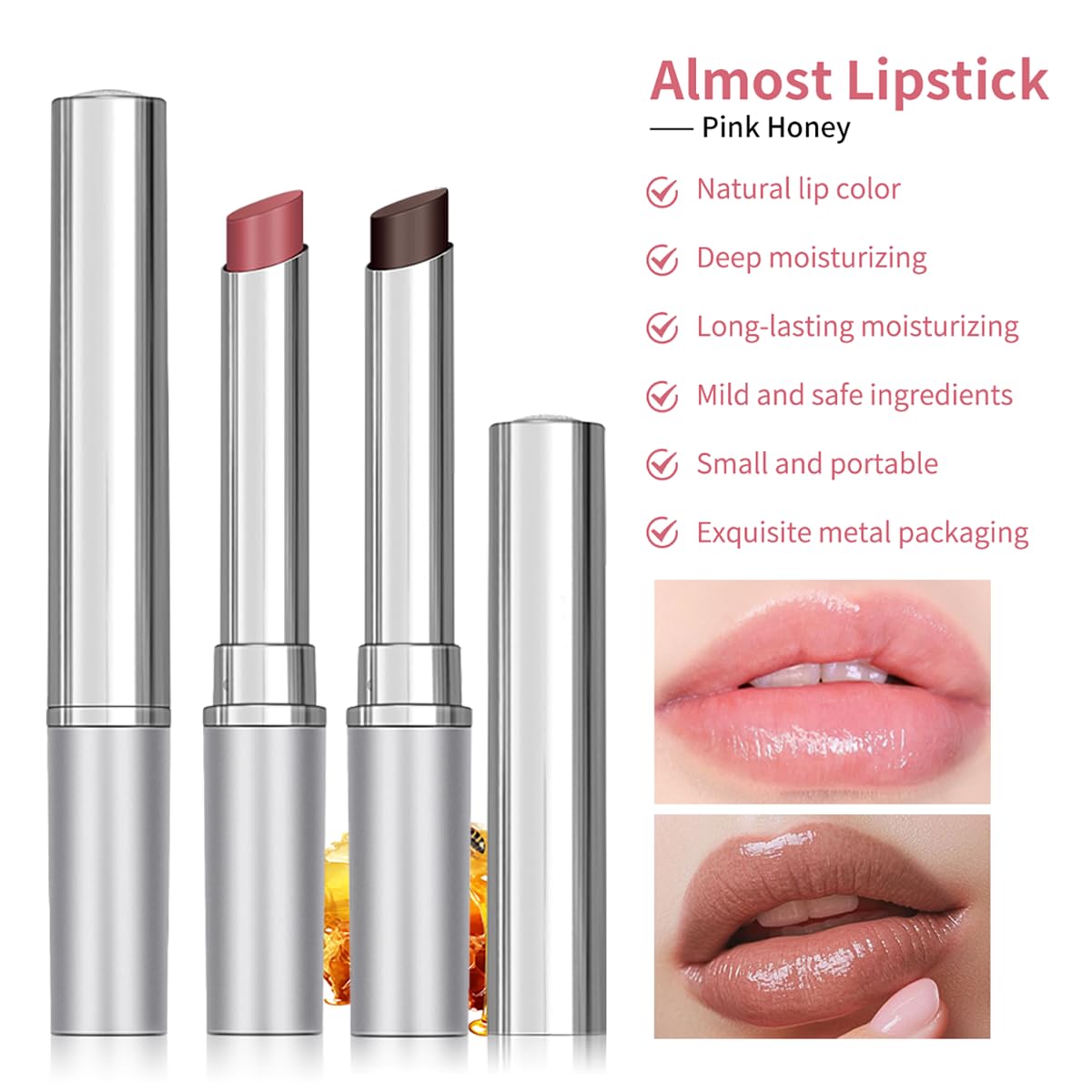 Tinted Lip Balm Lipstick, Hydrating Natural Glossy, Long-lasting Moisturizing & Nourishing Lip Care with Natural Ingredients Transparent Color (Drak Honey+Pink, 0.07oz)
