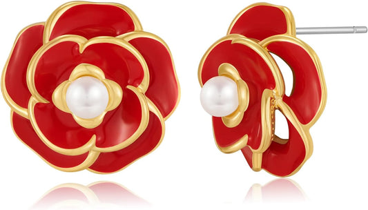CLASSYZINT Gold/White/Red/Black Flower Stud Earrings For Women