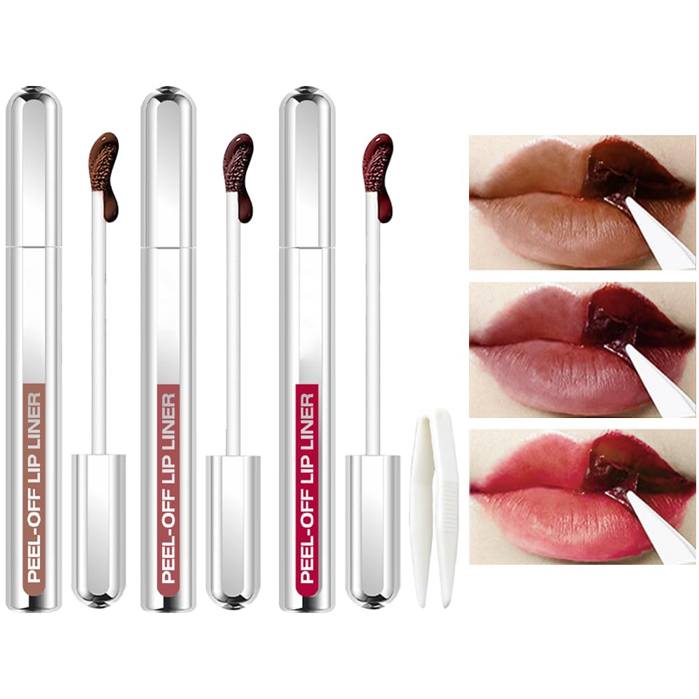 3 Colors Peel Off Lip Liner Stain Kit, Long Wear Matte Lip Tint Stain Set with Tweezer for Women, Waterproof Transfer Proof Highly Pigmented Peel Off Liquid Lipstick for All Skin Types (#3,4,5)