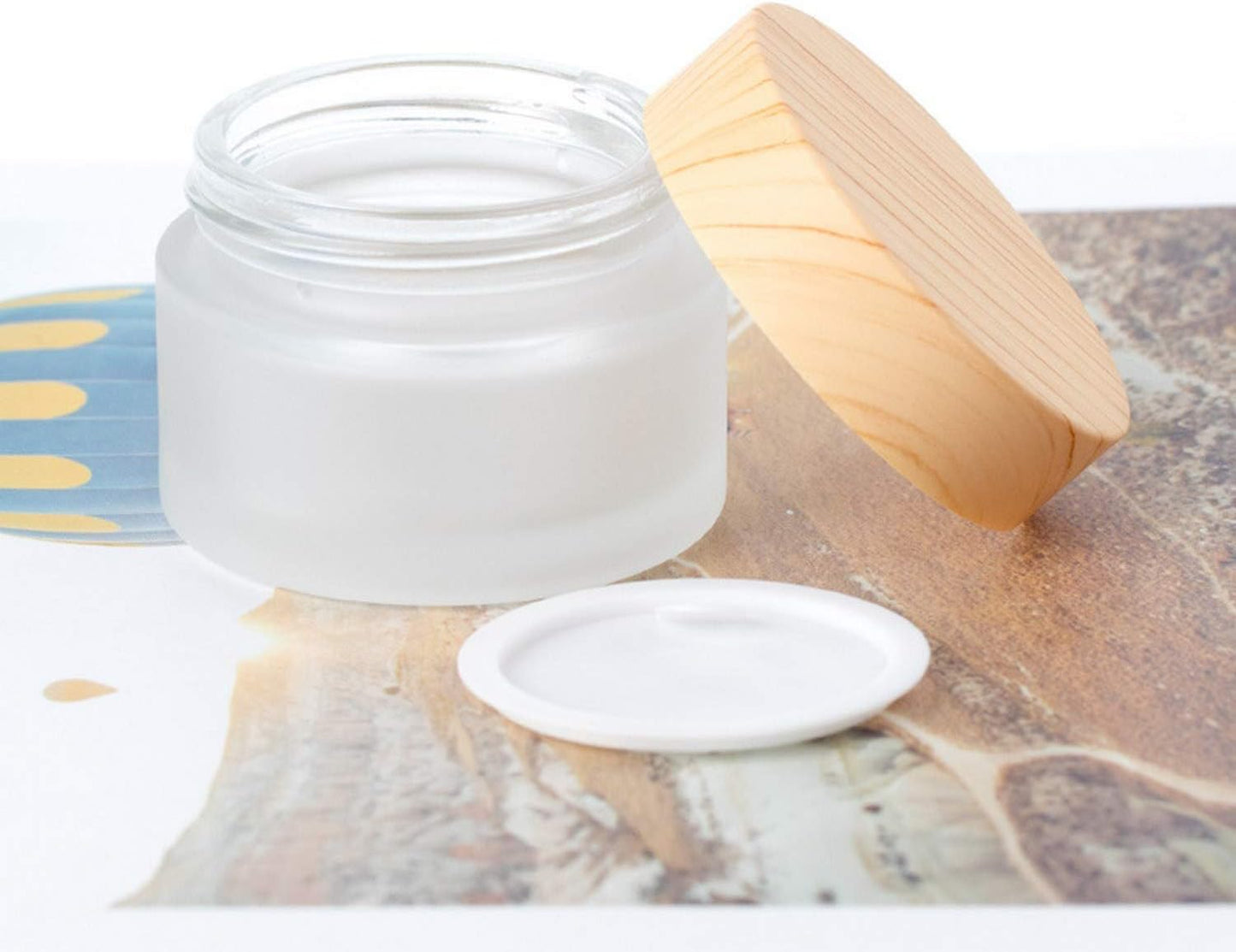 50 Gram/50 ml Empty Sample Jars Round Frosted Glass Bottle Cosmetic Cream Jar Wood Grain Lid Cosmetic Container Glass Cream Box Refillable Cream Pot Jars for Lip Balm Lotion Eyeshadow,4 Pack