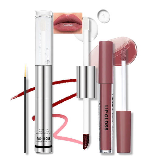 Dual-Ended Peel Off Lip Stain Liner, Long Lasting Waterproof Peel Off Lip Liner Tattoo with Nourishing Clear Gloss Combo Set, Transfer-Proof Non-Stick Cup Shiny Lips Tint Lipstick Makeup07