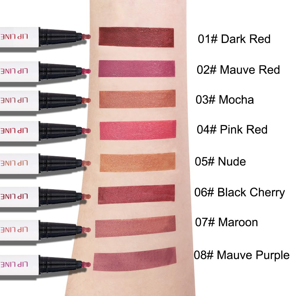 2Pcs Longwear Liquid Lip Liner Stain Marker Pen Set Long Lasting Waterproof, Maroon Dark Red Brown Dusty Mauve Matte 24 Hour Lip Liner and Lipstick Combo, Color Stay Lipliner, Lips Stain peel off
