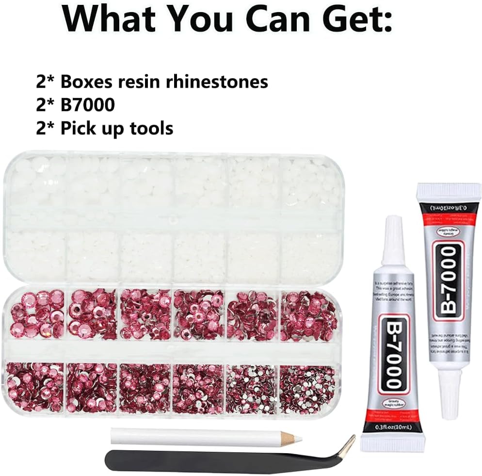White And Pink Rhinestones with Glue(S8-S30) for Bedazzling,2mm-6mm Non-Hotfix Flatback Nail Gems Beads with B7000, Resin Nail GemsStones Diamond Kit for Bedazzle Crafting, Nails DIY Art Decoration