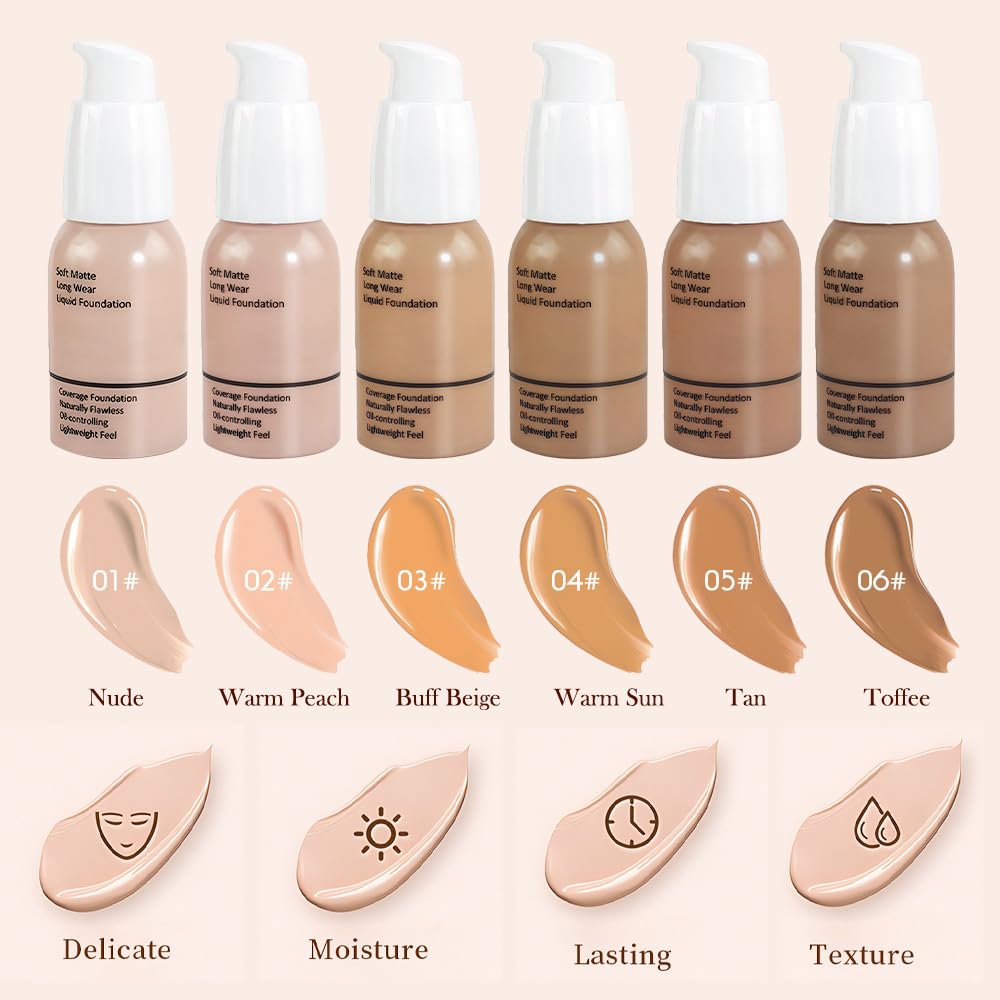 Matte Liquid Full Coverage Foundation, Flawless Soft Matte 24HR Oil Control Full Coverage Foundation Makeup for Women, Long-Lasting Waterproof Full Coverage, 05#Tan(05, Pack of 1)
