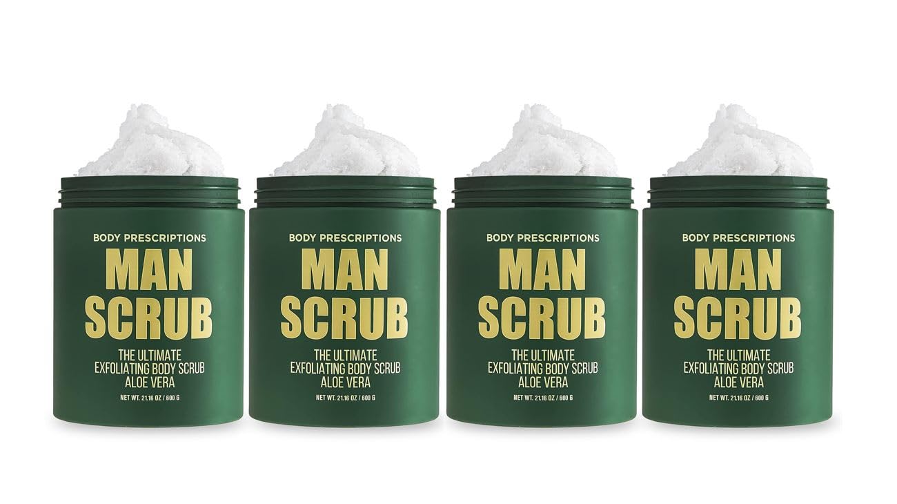Body Prescriptions Men’s Exfoliating Body Scrub – Ultimate Skin Cleansing Wash in Jar with Twist-Top Lid, For All Skin Types, 21 Ounce (Pack of 4), Aloe Vera
