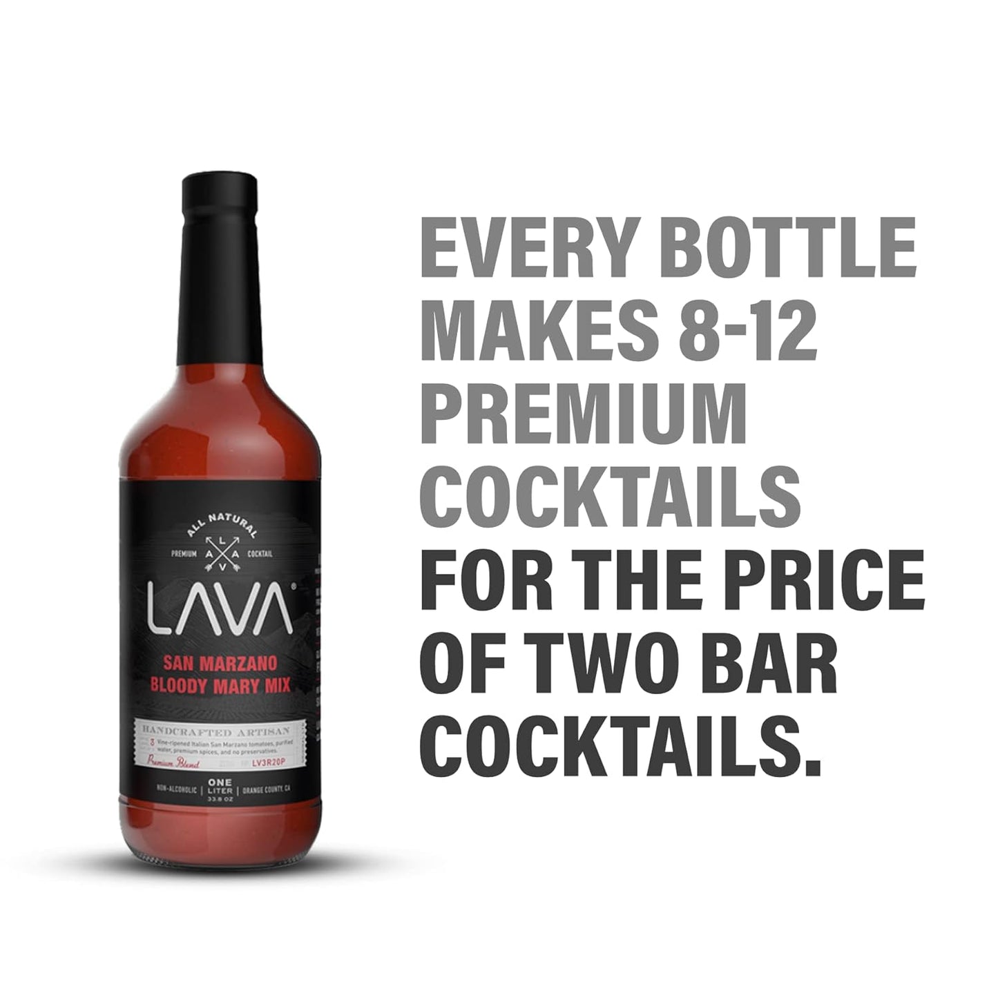 LAVA Premium Bloody Mary Mix; Italian San Marzano Tomatoes, No Artificial Sweeteners, Vegan, Ready to Use, No Added Sugar, 1-Liter (33.8oz) Glass