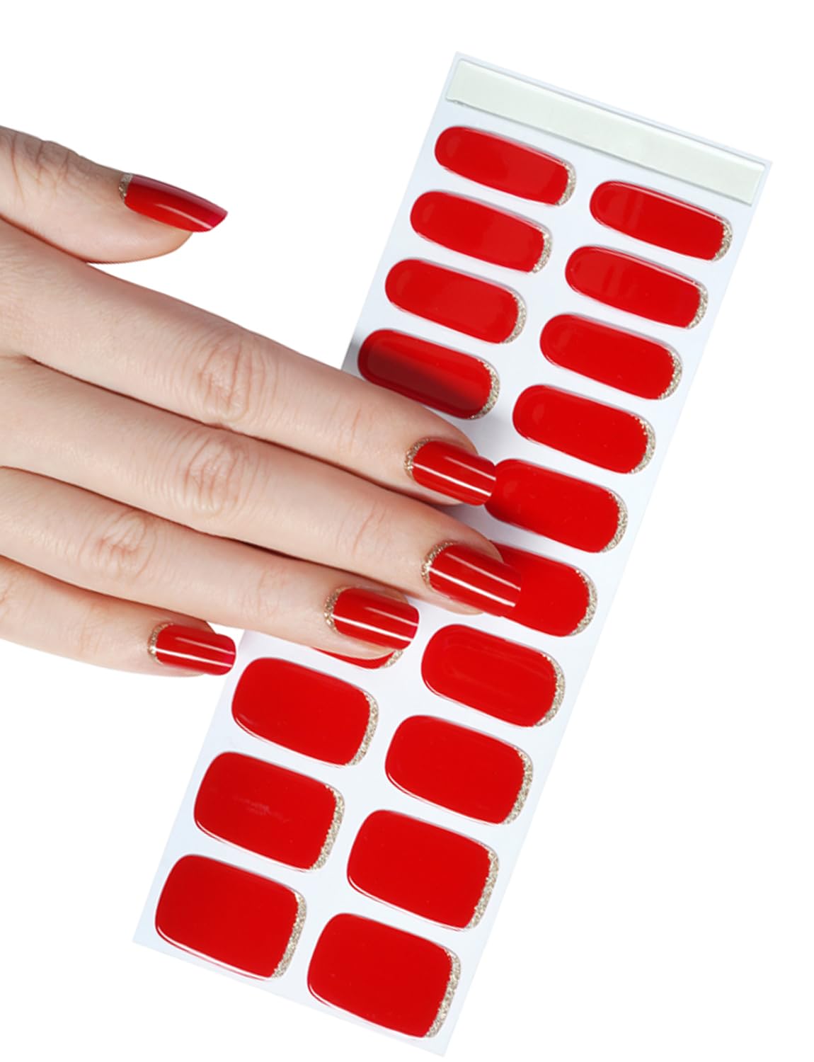 Semi Cured Gel Nail Strips, 20pcs UV Nail Wraps for Home Nails DIY (Red Glitter)