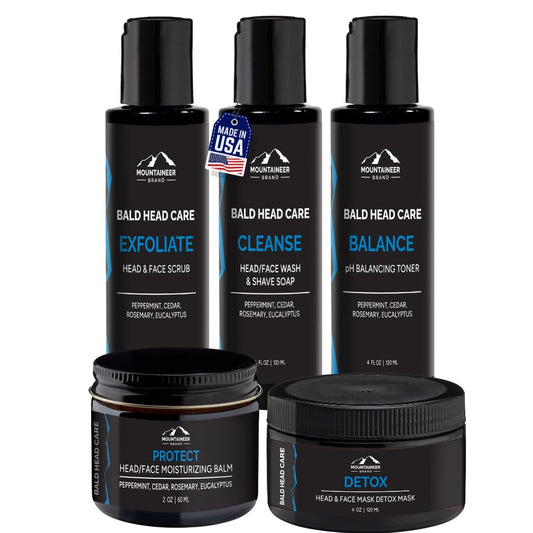 Mountaineer Brand Ultimate Bald Head Care Gifts Bundle For Men | All Natural 5 Step Skin Care for Healthy Scalp & Face | Exfoliate Scrub | Cleanse Wash | Shine Away | Moisturizing Balm | Detox