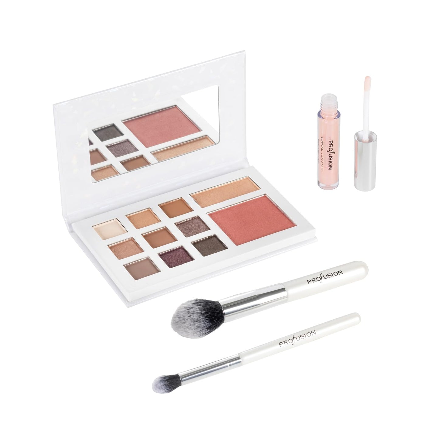 Profusion Cosmetics White Crystals Beauty Box with Makeup Shades, Lip Gloss, and Premium Brushes for Flawless Look, Ideal Gift for Makeup Enthusiasts