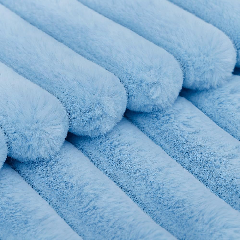 MADIZZ Set of 2 Faux Wool Plush Decorative Throw Pillow Covers 22x22 Inch Light Blue Fluffy Striped Soft Decorative Cushion Cover for Sofa Bedroom Pillow Shell