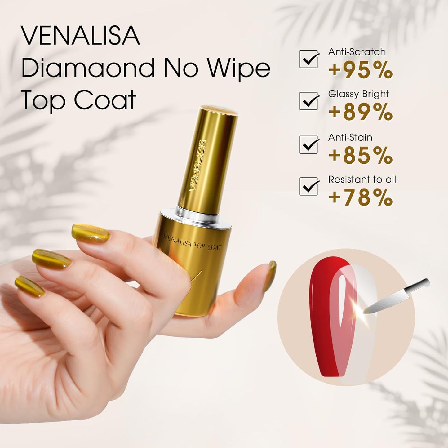 VENALISA 2 Pcs No Wipe Gel Top Coat Set- High Gloss Shiny Long Lasting Top Coat Clear Gel Nail Polish Kit, Soak Off Nail Art Home and Professional Manicure