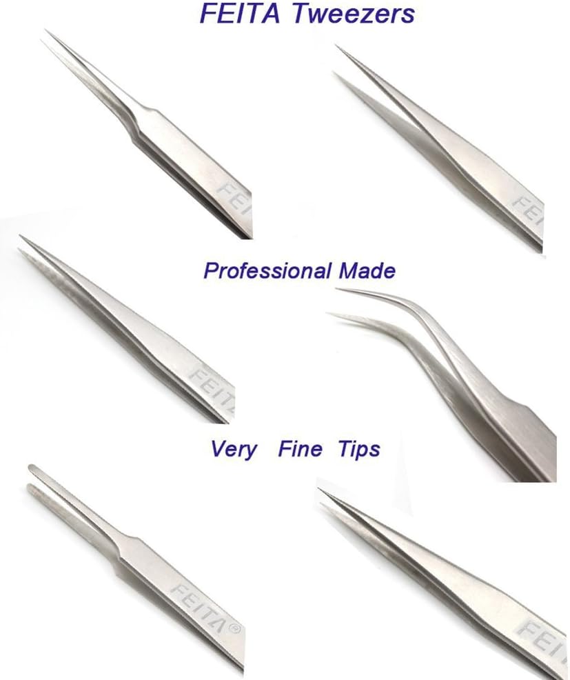 Professional Tweezers Set - FEITA Precision Tweezers with Travel Case - Stainless Steel Tweezers for Plucking, Watchmakers, Jewelry, Electronic, Craft (Silver 7Pcs)