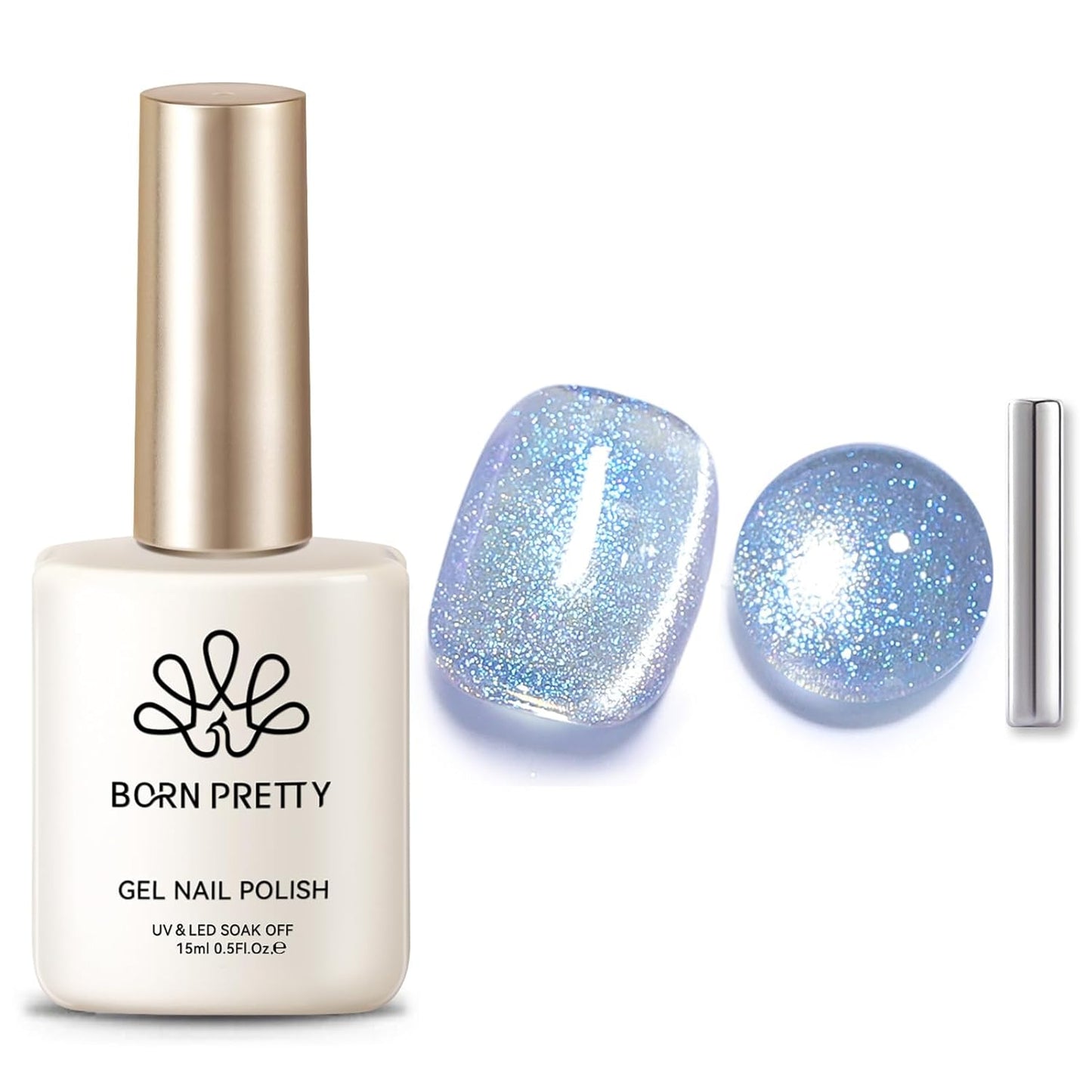 BORN PRETTY Cat Magnetic Eye Gel Nail Polish Light Blue Holographic Glitter Gel Polish Glass Magnetic Gel Gift 15ML
