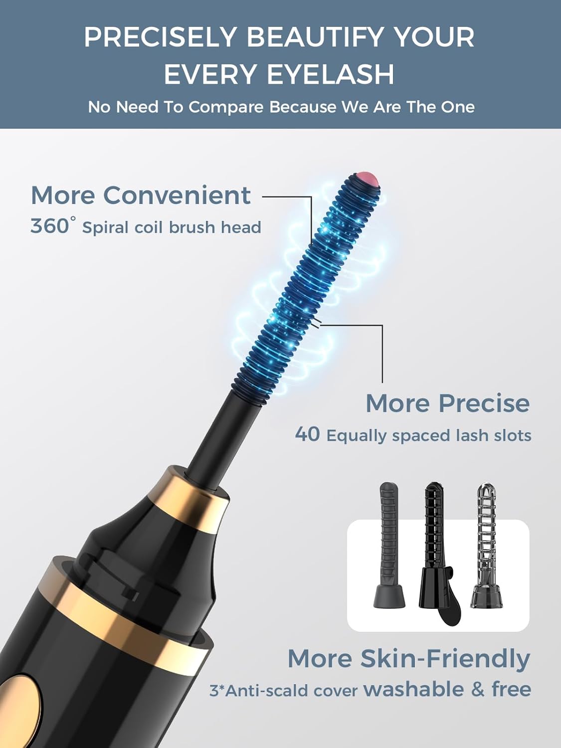 Smiling Shark Heated Eyelash Curler, 2025 New 360°Wand-Style Heated Lash Brush Rechargeable with 3 Brush Heads & 3 Temp 【Lengthen/Define/Curler】 3-in-1 Lash Curler for All Types of Lashes, Black