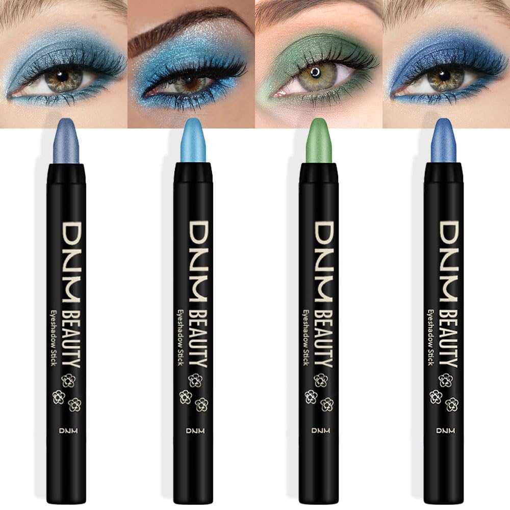 Kaely 4Pcs Metallic Shimmer Eye Shadow Sticks Set, Sky Blue Dazzling Blue Greenish Cyan Royal Blue, Eyeliner Pencil Eyeshadow Palette Halloween Makeup, Eye Highlighter Brightener Stick for Women
