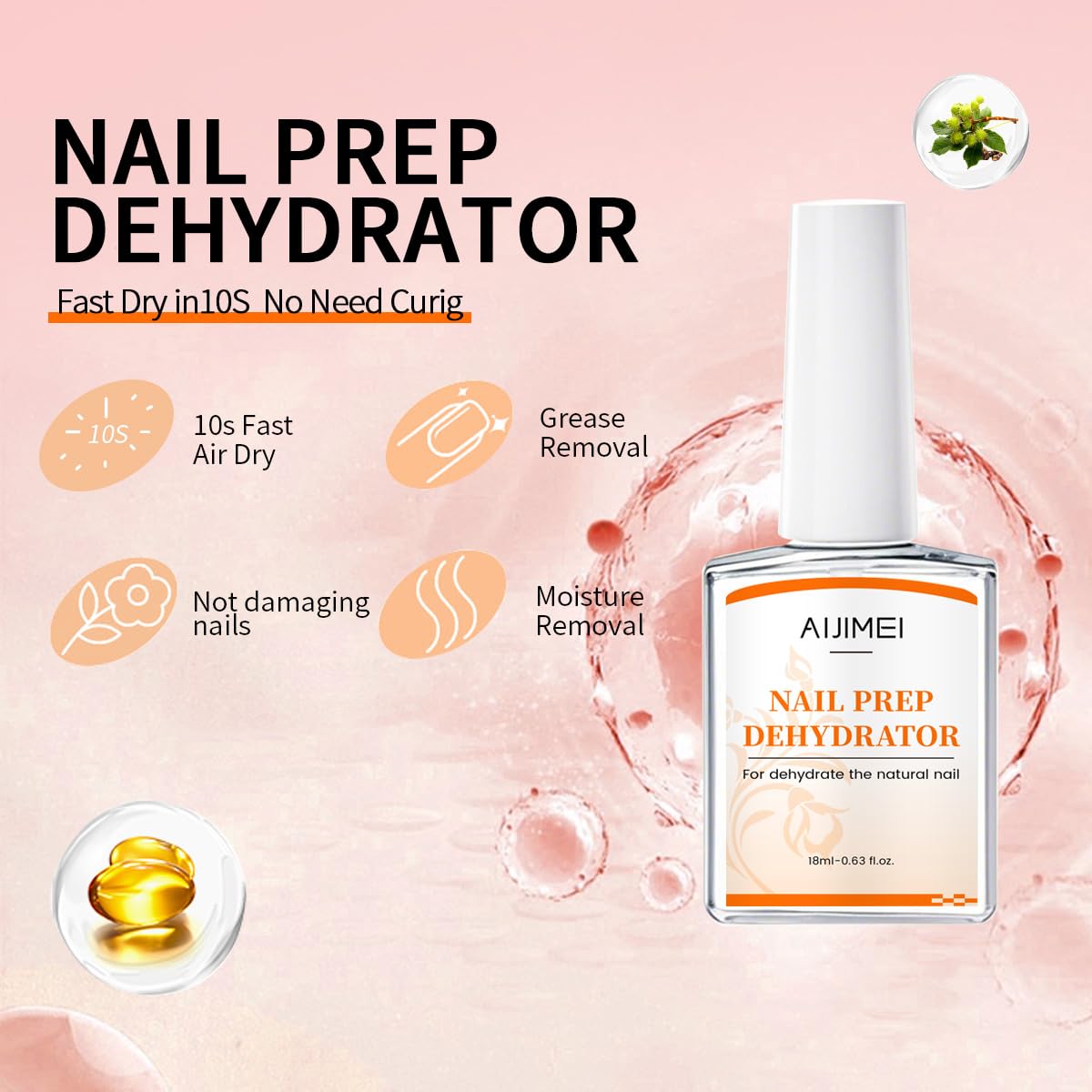 AIJIMEI Professional Natural Nail Polish Dehydration and Acid Free Primer for Acrylic Acid and Gel Nail Polish, Quick Drying Advanced Adhesive Set（18ml/0.63fl.oz)