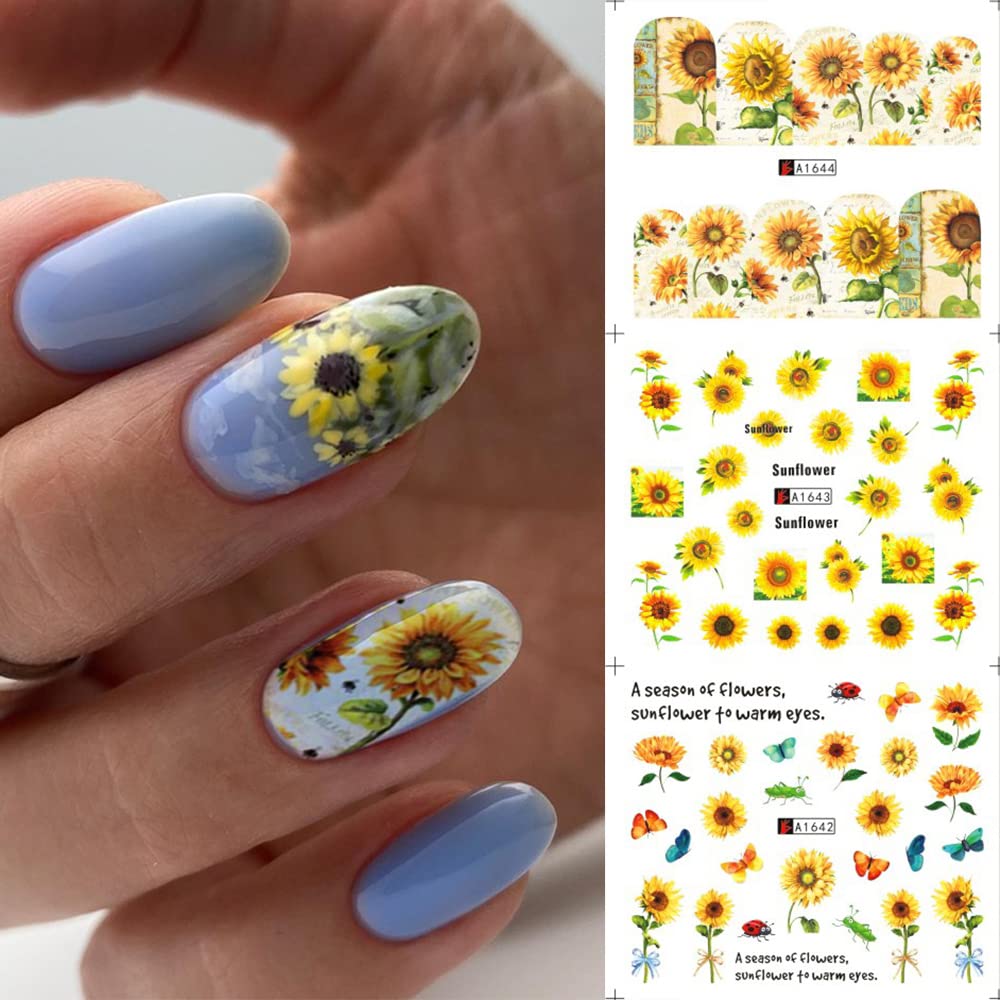 Sunflower Nail Stickers Decals Spring Summer Nail Art Water Transfer Floral Butterfly Honeybee Yellow Flower Supplies Cute Accessories for Women Girls 12Pcs